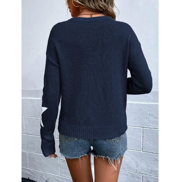 Star Print Navy Blue Knit Sweater Pullover Long Sleeve Crew Neck - Picture 5 of 6
